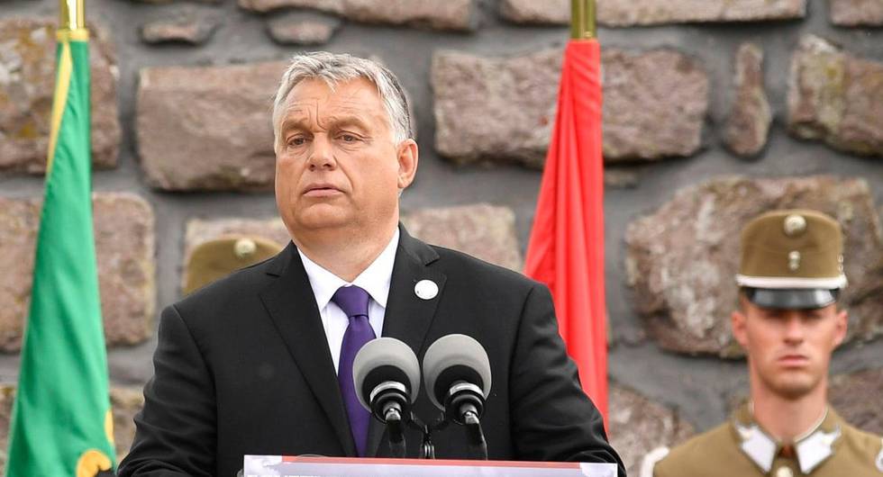 Hungarian Prime Minister Viktor Orban delivers his speech during the inauguration of the Centenary Turul Statue in commemoration of the 100th anniversary of the Trianon Peace Treaty in Satoraljaujhely, Hungary, Saturday, June 6, 2020. The Turul, mostly depicted as a hawk or falcon, is a mythological bird and the ancient symbol of Hungarian national identity and togetherness. Hungary is commemorating the 100th anniversary of a post-World War I peace treaty which led to the loss of about two-thirds of its territory and left some 3.3 million Hungarians outside the country's new borders. (Zoltan Mathe/MTI via AP)