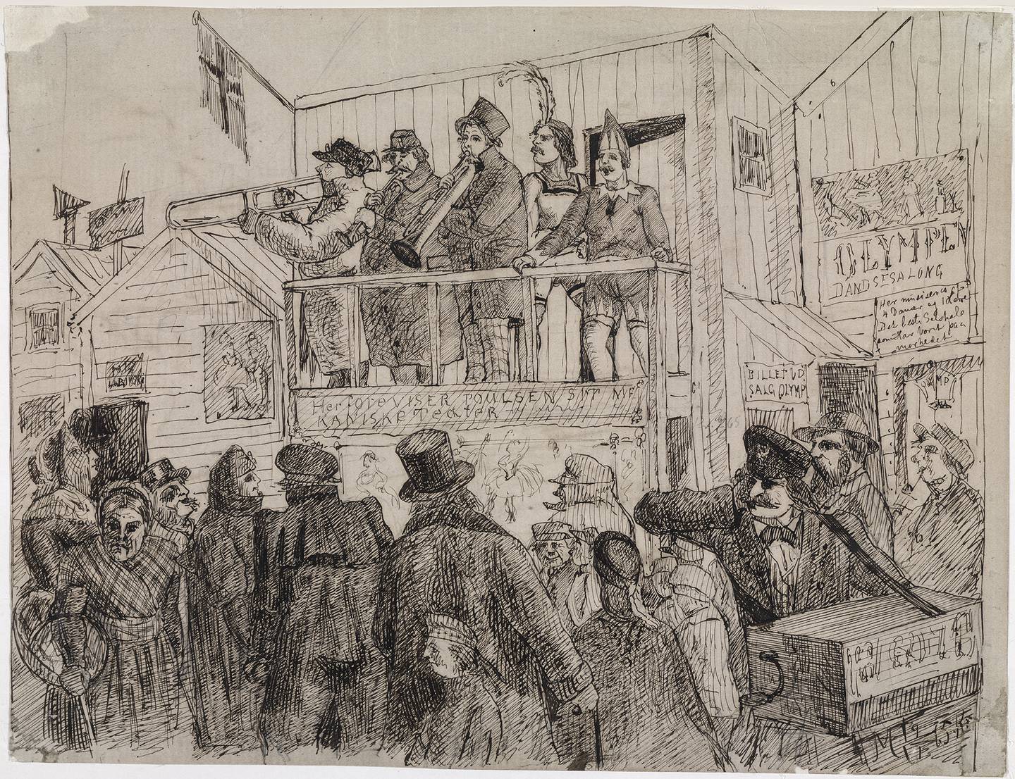 Markedsgjøglere på Youngstorget. På en balkong står tre menn og spiller trompet med to utkledde menn ved siden av. I forgrunnen mange mennesker og en lirekassemann holder seg for ørene til høyre. Ukjent kunstner.
