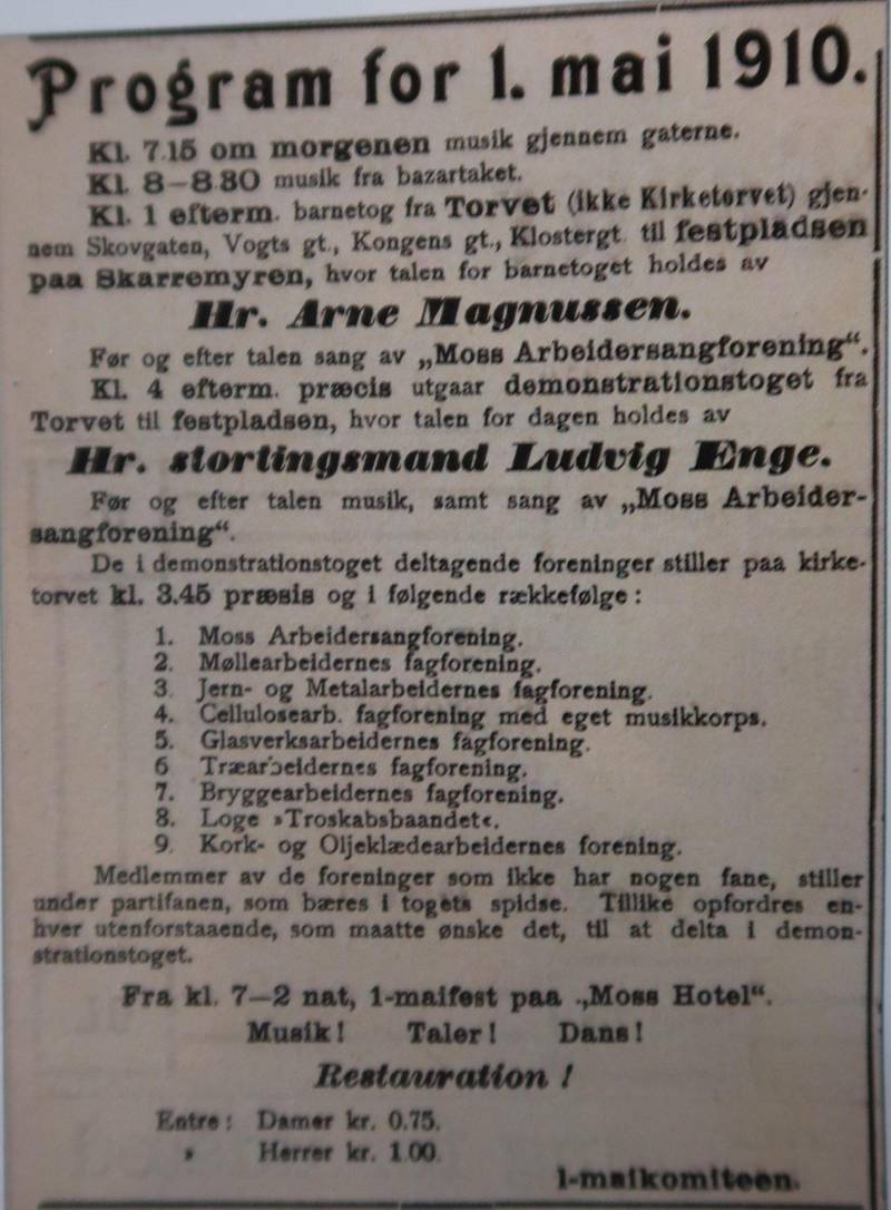 Annonsering av 1. mai-tog for barn i Moss Tilskuer 1910.