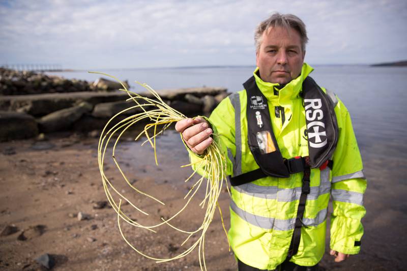 Freddy Rinden i Moss Havn har plukket plastbiter fra sjøen rundt Moss de siste seks ukene.
