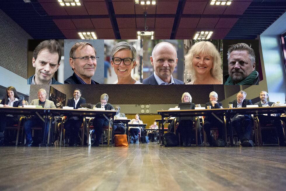 Disse seks partiene skal styre Moss de neste fire årene. Fra venstre: Øivind Tandberg-Hanssen (SV), Eirik Tveiten (Rødt), Hanne Tollerud (Ap), Tor Petter Ekroll (Sp), Benedicte Lund (MDG) og Finn Jensen (KrF).