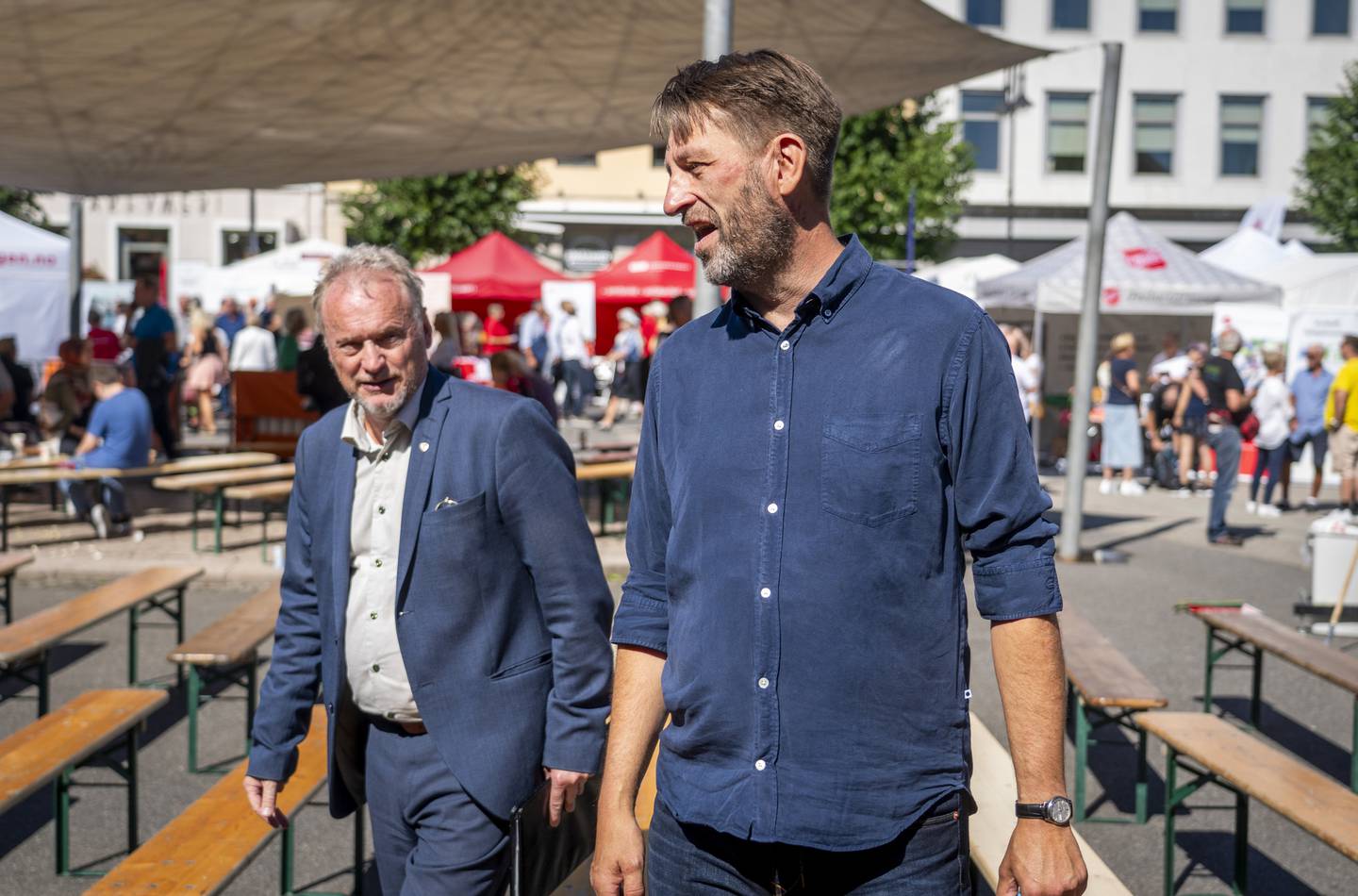 Raymond Johansen (Ap) og Eirik Lae Solberg (H) kjemper om makten i Oslo. Her fra Arendalsuka tidligere i sommer.