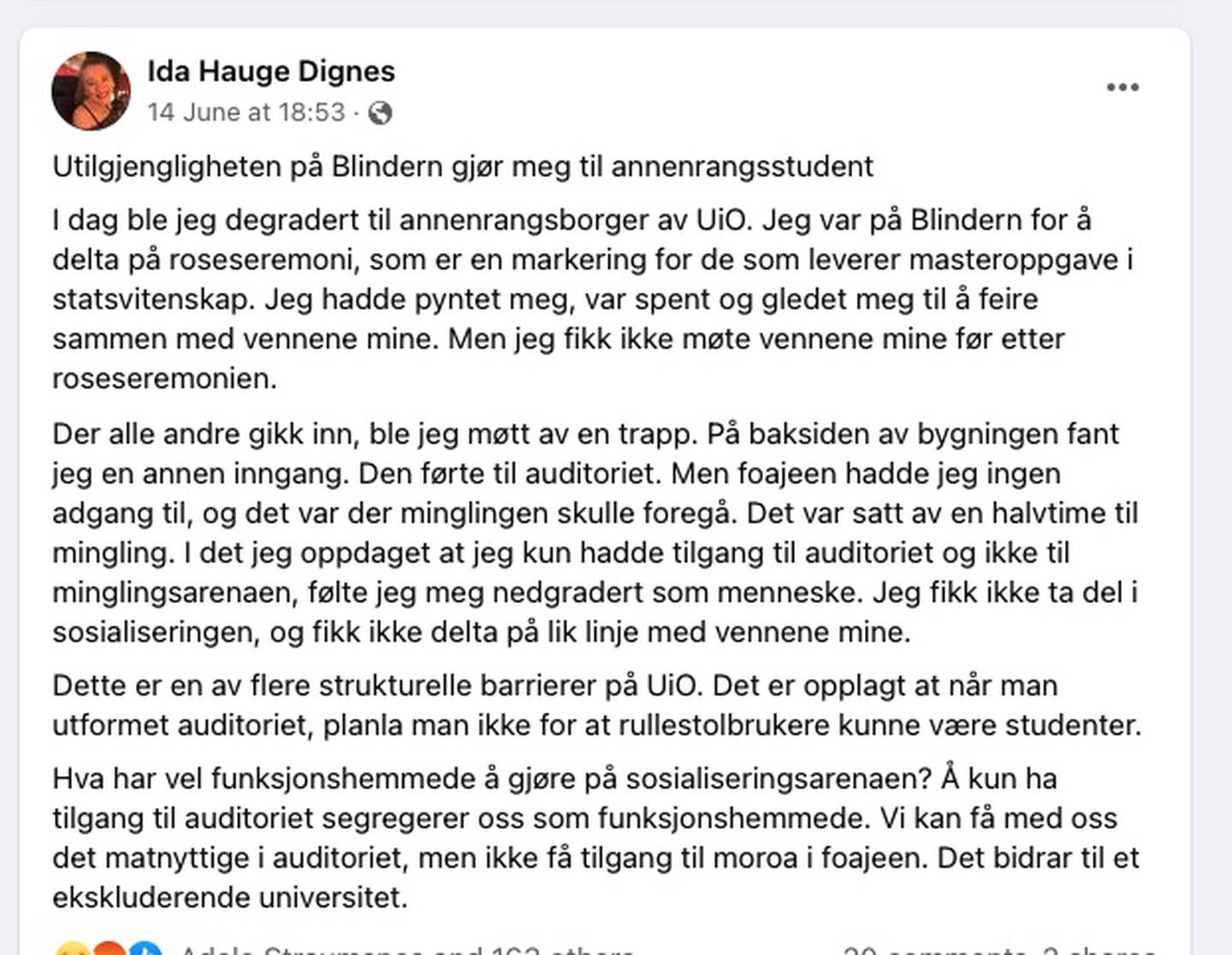 Facebook-posten Ida Hauge Dignes publiserte etter roseseremonien på Blindern har skapt engasjement.