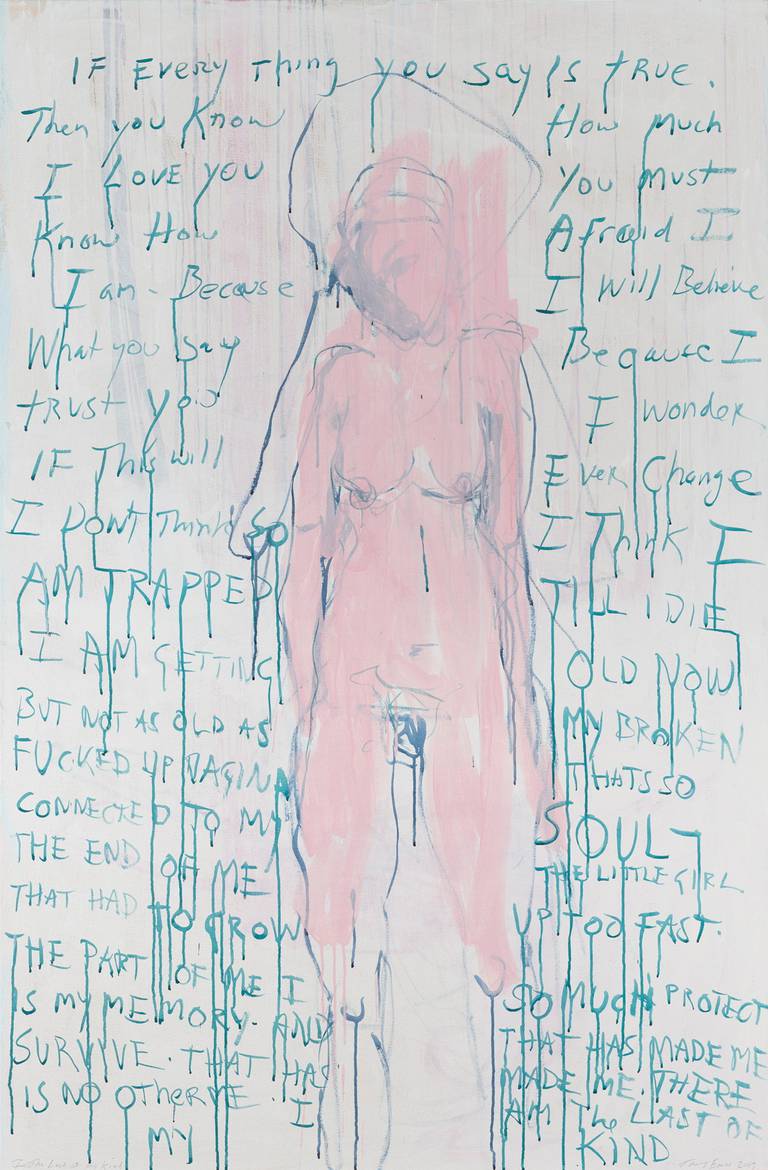 Tracey Emins «Jeg er den siste av mitt slag» (2019) er valgt som utstillingens signaturbilde. Det avviker fra flertallet av Emins nye malerier i utstillingen.