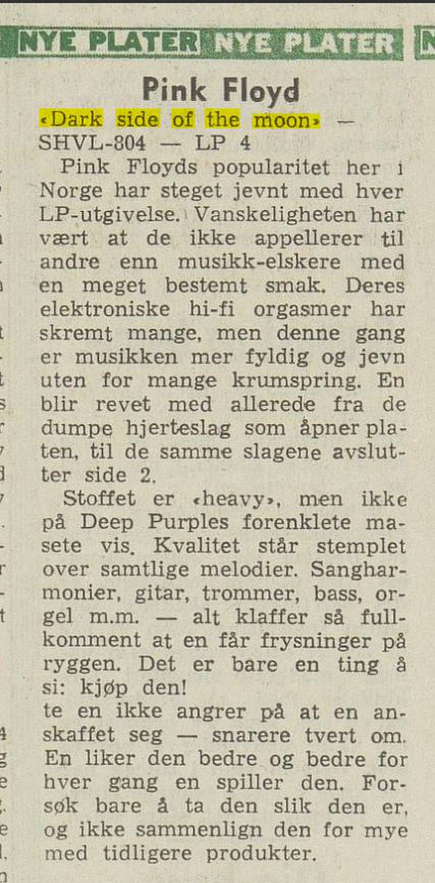 Anmeldelsen av «Dark Side Of The Moon»  av Yan Friis, fra Arbeiderbladet 4. april 1973.