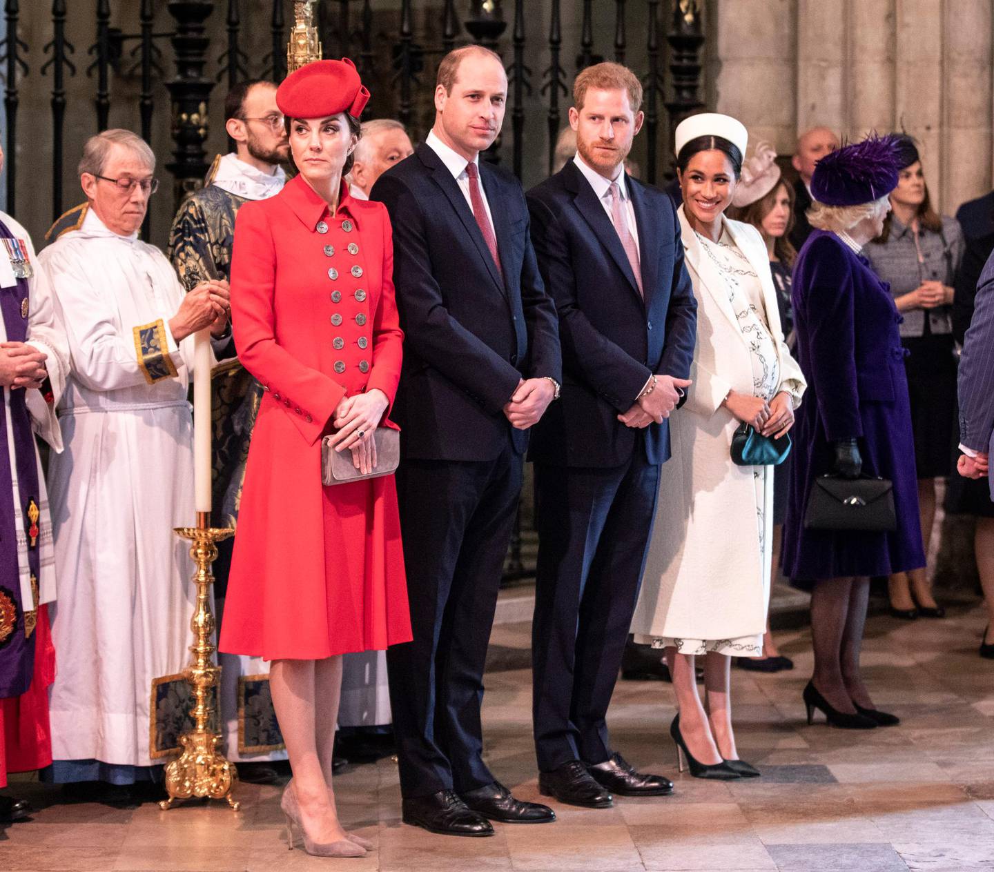 From left, Britain's Kate, the Duchess of Cambridge, Prince William, Prince Harry and Meghan, the Duchess of Sussex attend the Commonwealth Service with other members of the Royal family at Westminster Abbey in London, Monday, March 11, 2019. Commonwealth Day has a special significance this year, as 2019 marks the 70th anniversary of the modern Commonwealth - a global network of 53 countries and almost 2.4 billion people, a third of the world's population, of whom 60 percent are under 30 years old. (Richard Pohle/Pool Photo via AP)