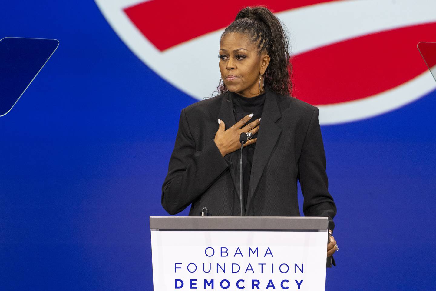 Former first lady Michelle Obama speaks during the Obama Foundation Democracy Forum at McCormick Place, Friday, Nov. 3, 2023 in Chicago. (Tyler Pasciak LaRiviere/Chicago Sun-Times via AP)