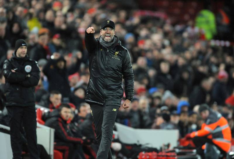 Liverpool manager Juergen Klopp reacts during the English Premier League soccer match between Liverpool and Manchester United at Anfield in Liverpool, England, Sunday, Dec. 16, 2018. (AP Photo/Rui Vieira)