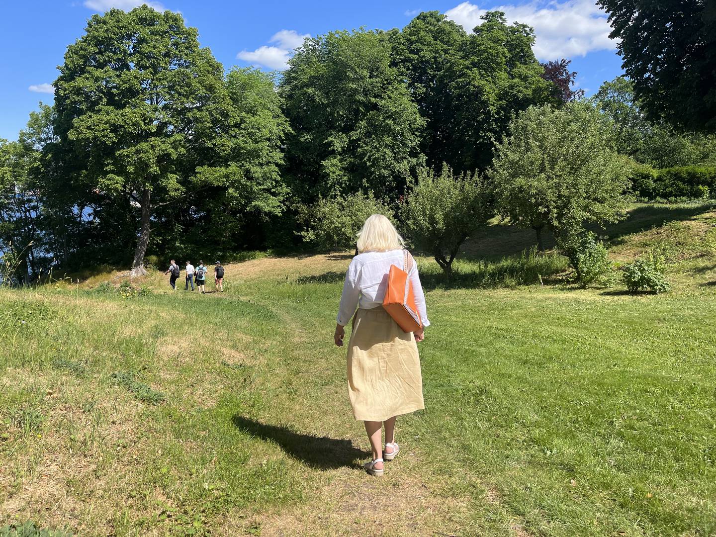 Avdelingsdirektør i plan- og bygningsetaten, Anne Toril Hasle, vandrer gjennom en kommunal park med resten av følget foran seg.