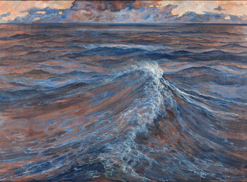 Karl Erik Harrs store maleri «Åpent hav» (1995) får en kritisk dimensjon når det vises i denne sammenhengen. FOTO: STATOIL/VESTFOSSEN KUNSTLABORATORIUM