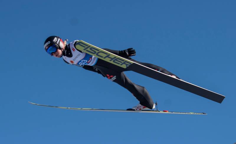 Norway's Maren Lundby takes a practice jump during a training of the women's ski jumping Normal Hill Individual event of the FIS Nordic World Ski Championships on February 25, 2019 in Seefeld, Austria. (Photo by JOE KLAMAR / AFP)