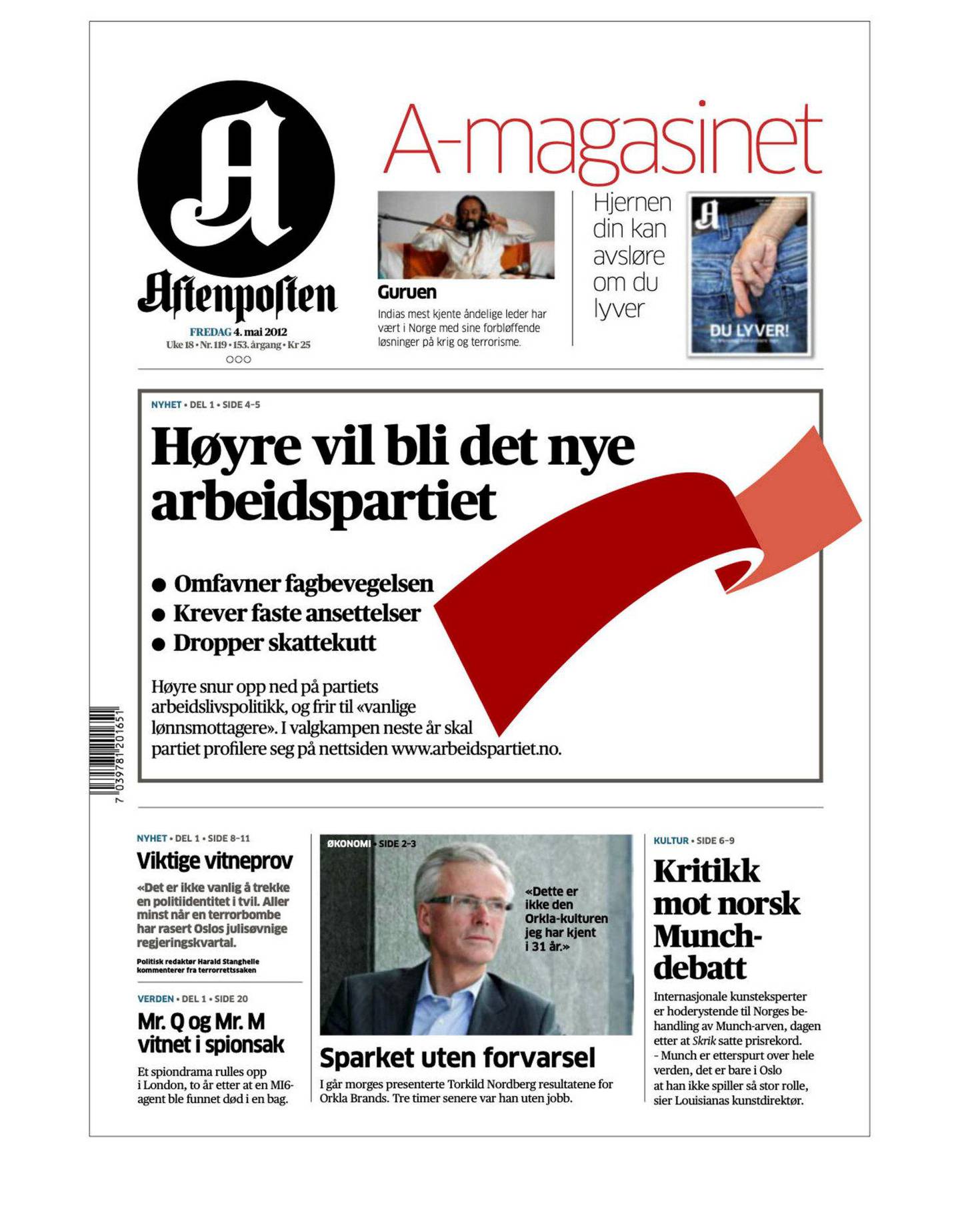 Faksimile av Aftenpostens forside 4. mai 2012, der Torbjørn Røe Isaksen lanserte www.arbeidspartiet.no.