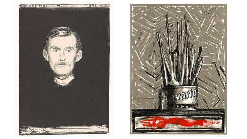 Denne varianten av «Savarin»-motivet (1977) er det første, uomtvistelige beviset på at Jasper Johns avslører sin interesse for Edvard Munch. Kaffeboksen er Johns’ variant av et selvportrett. Ved siden av den røde armen nederst i bildet, som var inspirert av Munchs «Selvportrett med knokkelarm», har han skrevet EM, Munchs initialer.