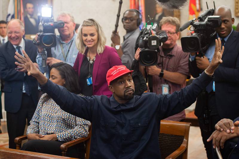 Rapper Kanye West speaks during his meeting with US President Donald Trump in the Oval Office of the White House in Washington, DC, on October 11, 2018. (Photo by SAUL LOEB / AFP)