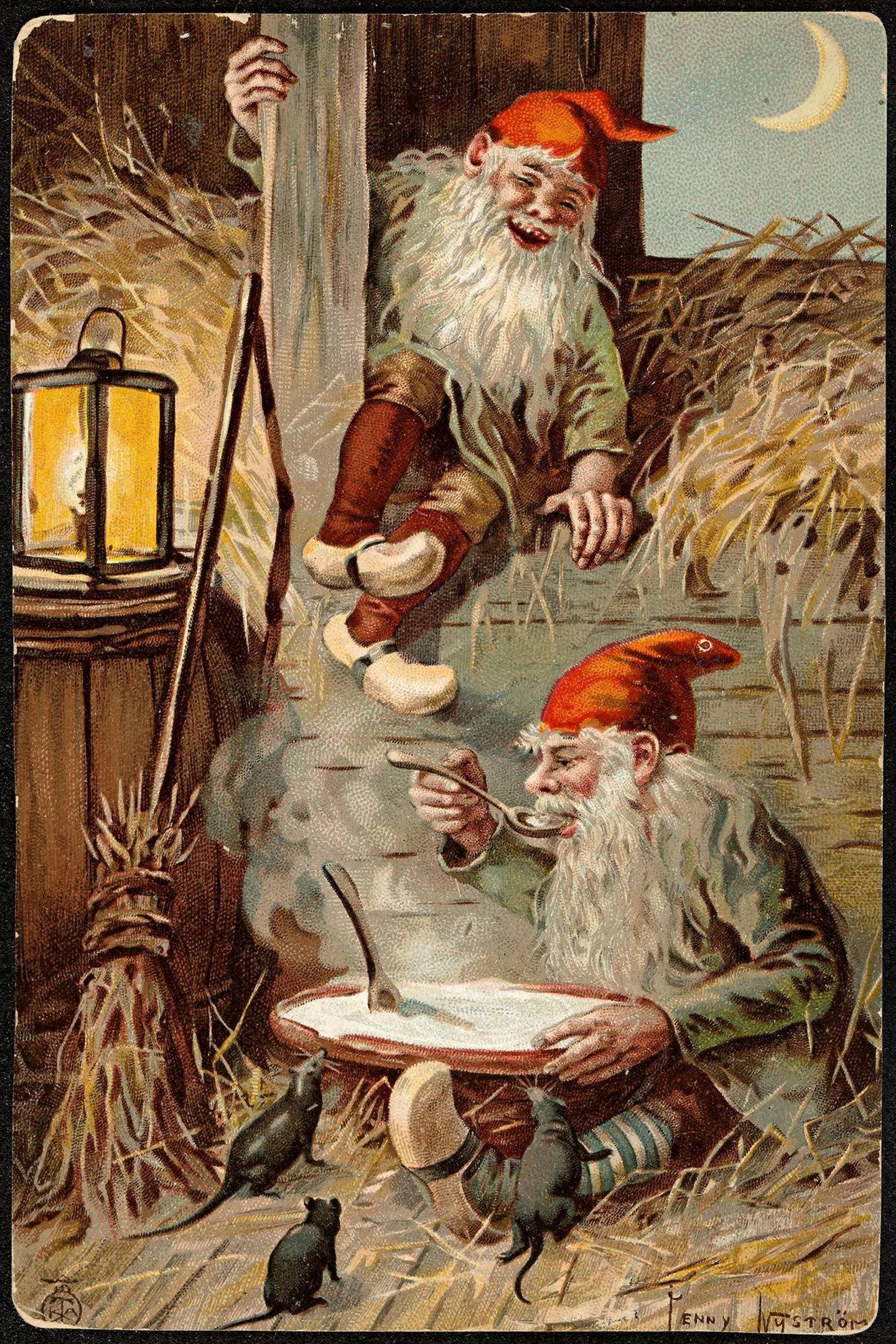 Nisser med julegrøt på låven var populære motiver på de første julekortene. Dette er tegnet av Jenny Nyström på slutten av 1800-tallet.   Foto: Nasjonalbiblioteket