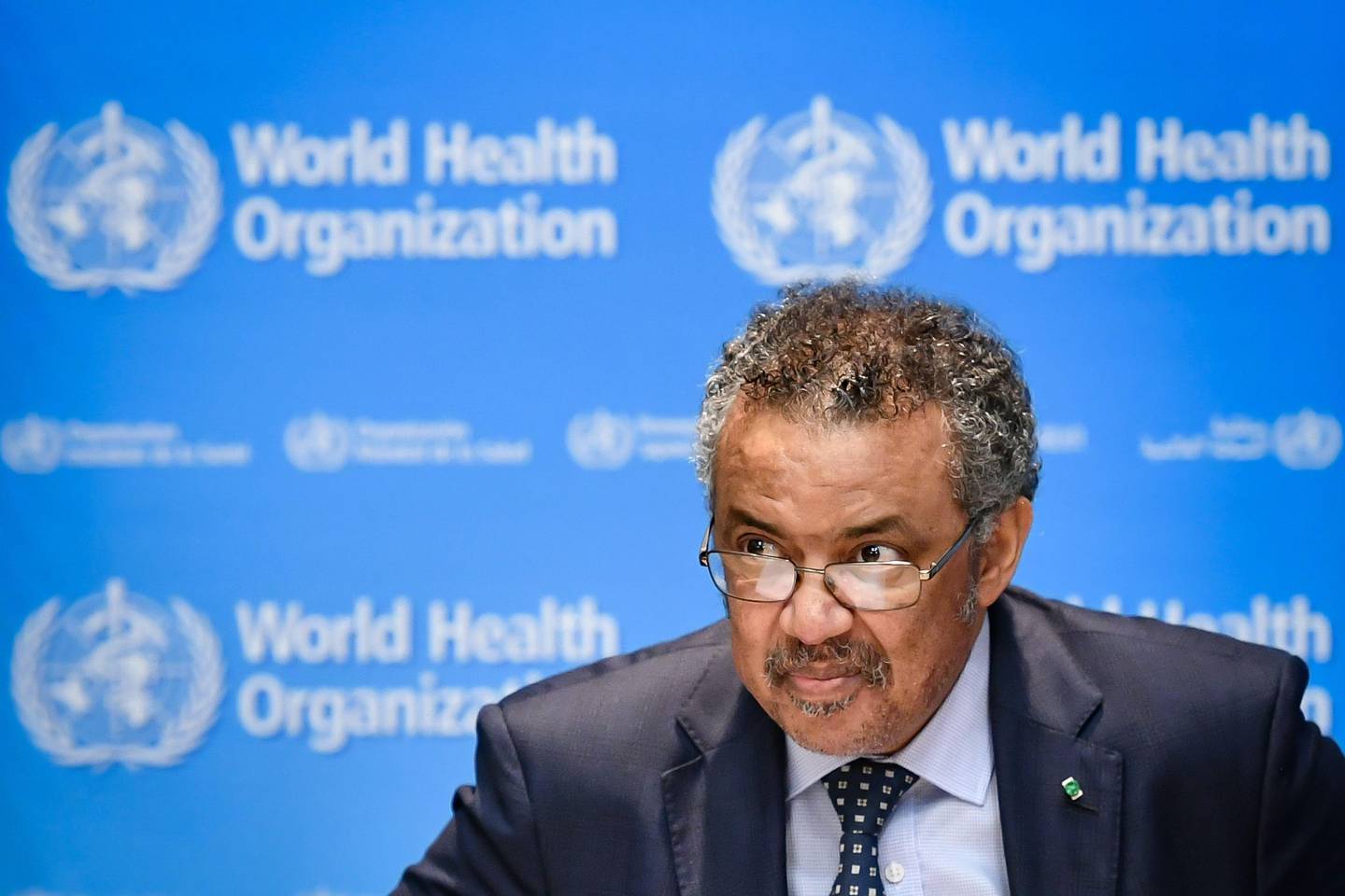 World Health Organization (WHO) Director-General Tedros Adhanom Ghebreyesus attends a press conference following an emergency committee meeting over Ebola epidemic in Democratic Republic of Congo at the WHO headquarters in Geneva on October 18, 2019. (Photo by Fabrice COFFRINI / AFP)