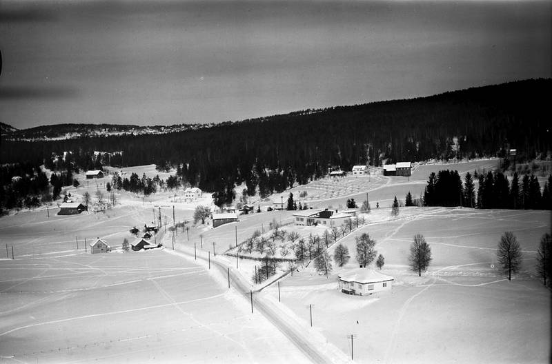 Vestbygda skole: Slik var bebyggelsen i Svingen vinteren 1959. Bak Vestbygda skole ligger Solheim i skogkanten, og til venstre for skolen ligger Haugen – da som nå. Bygdeveien inn mot Andorsrud tar av til venstre fra Jarlsbergveien, der bebyggelsen er adskillig større i dag.