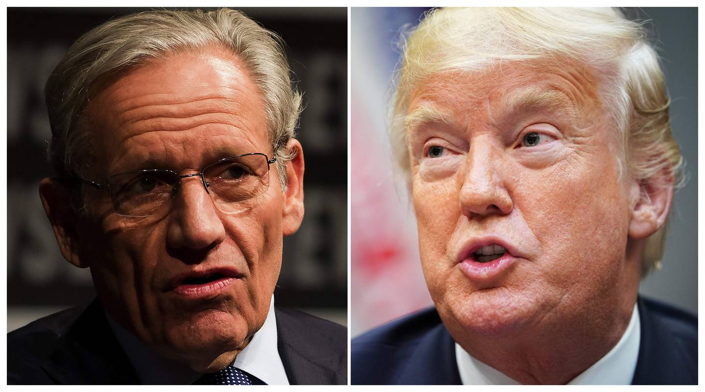 (FILES) This combination of file photos created September 4, 2018 show Associate Editor of the Washington Post Bob Woodward (L) speaking at the Newseum during an event marking the 40th anniversary of Watergate at the Newseum in Washington, DC June 13, 2012; and US President Donald Trump speaking during an event to announce a grant for drug-free communities support program, in the Roosevelt Room of the White House in Washington, DC, on August 29, 2018. - The White House under President Donald Trump is mired in a perpetual "nervous breakdown" with staff constantly seeking to control a leader whose anger and paranoia can paralyze operations for days, according to a new book by Bob Woodward. The Washington Post, which obtained an advance copy of the book by the veteran chronicler of modern presidents, reported Tuesday, September 4, 2018, that Woodward describes Trump manically pressing his staff for actions that could lead to major conflict -- leaving them little choice but to disregard his orders. (Photo by Mandel NGAN and Jim WATSON / AFP)