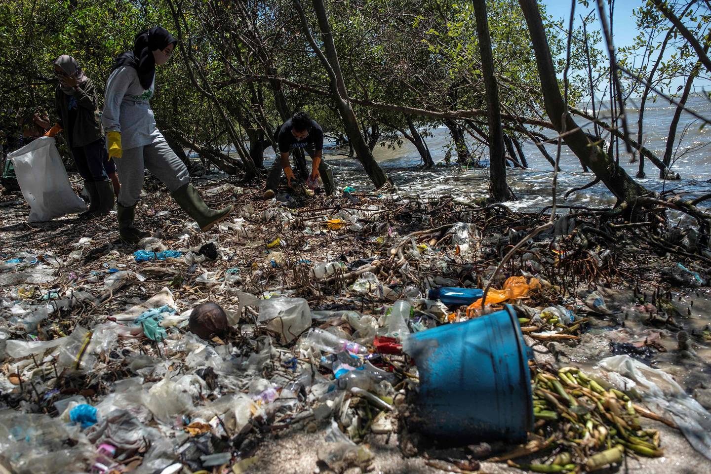 Frivillige rydder plast i Surabaya på Indonesia tidligere i år. Millioner av tonn med plast kastes hvert år i havet. Det siste halvannet året har pandemi-relatert plast blitt en del av dette, ifølge en ny studie.