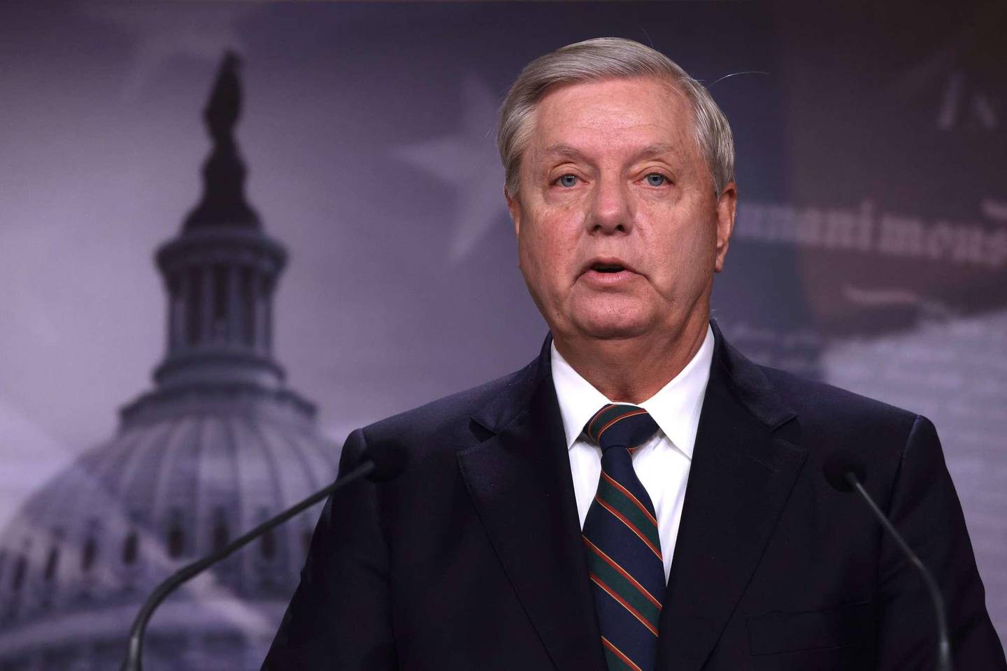 WASHINGTON, DC - JANUARY 07: U.S. Sen. Lindsey Graham (R-SC) speaks during a news conference at the U.S. Capitol January 7, 2021 in Washington, DC. Sen. Graham condemned the pro-Trump mob�s action of storming the Capitol the day before.   Alex Wong/Getty Images/AFP
== FOR NEWSPAPERS, INTERNET, TELCOS & TELEVISION USE ONLY ==
