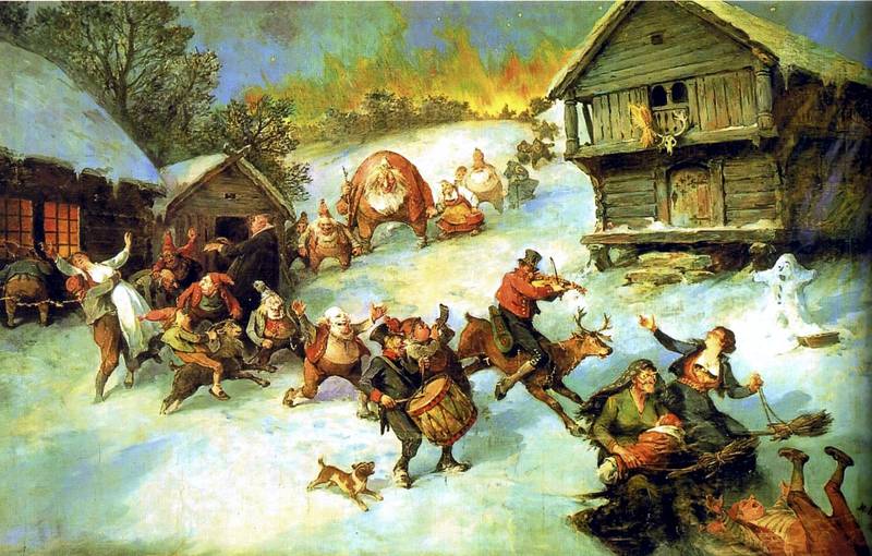 «Julereia» av Nils Bergslien viser et feststemt følge av vetter, nisser og annet pakk. Opptoget er knyttet til tradisjonen med å gå julebukk, som i dag er på retur.