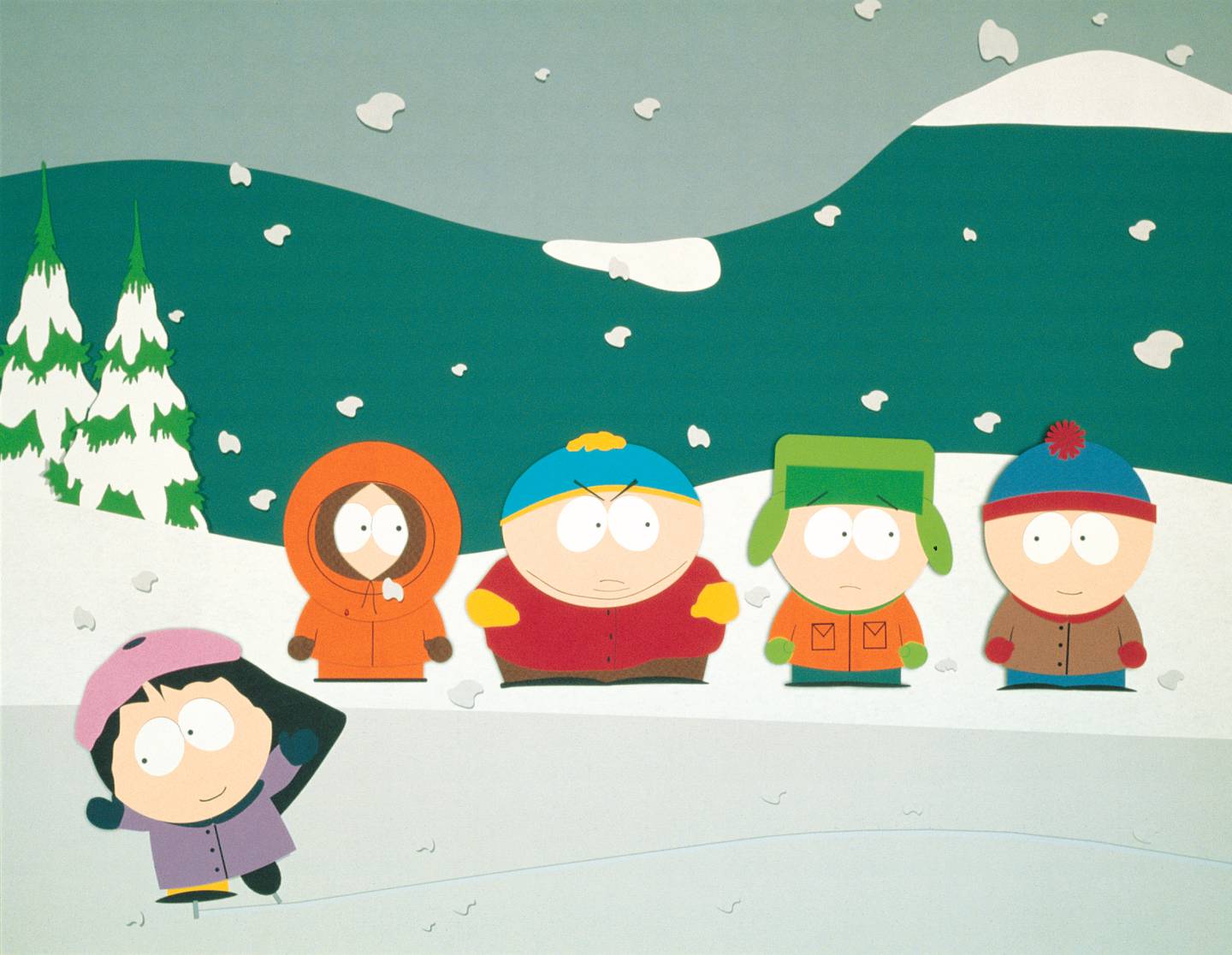 Kenny, Cartman, Kyle og Stan i selskap med Wendy, i serien som begynte å gå på Comedy Central i 1997 og som her hjemme ble vist på NRK i mange år.