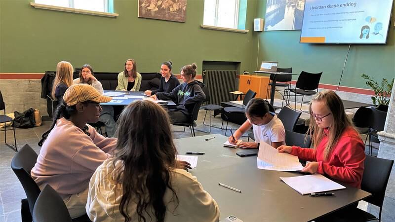 Deltakerne på Fredrikstad kommunes demokrati-camp diskuterer hvordan man kan skape endringer i samfunnet.