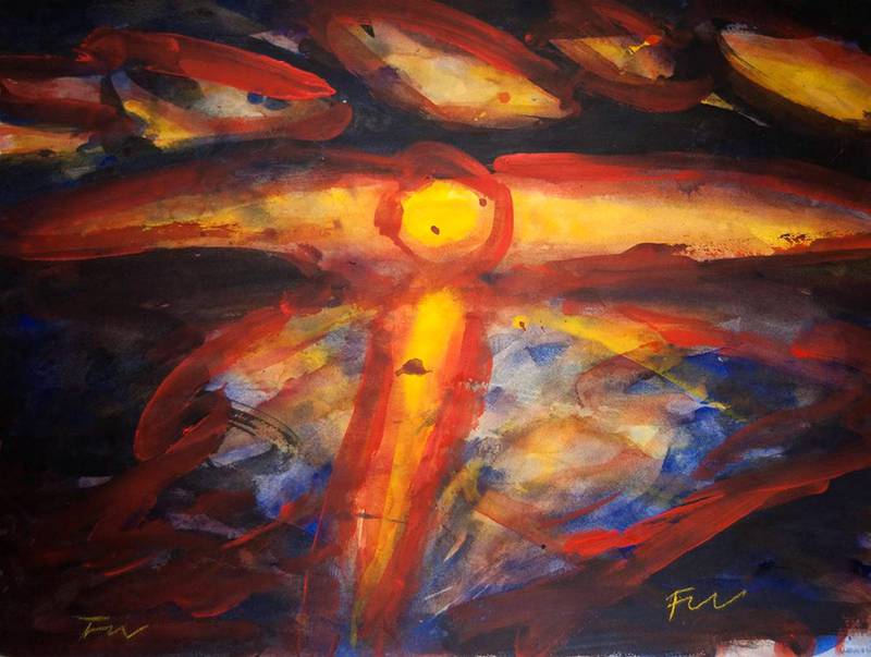 «Solnedgang» er en kombinasjon av gouache og akvarell. FOTO: KUNSTVERKET GALLERI/FRANS WIDERBERG