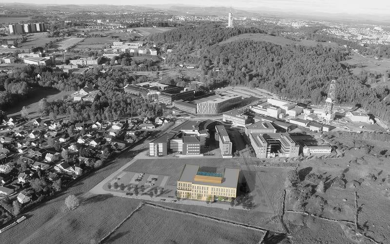 Det nye Arkivenes hus ligger i umiddelbar nærhet til UiS, Oljedirektoratet, Petoro og IRIS. Illustrasjon: Stavanger kommune