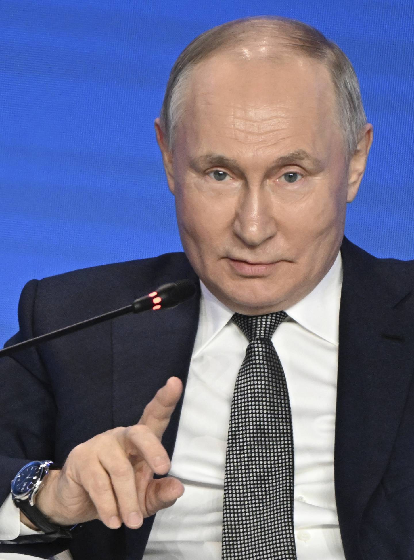 Russian President Vladimir Putin gestures as he speaks at a plenary session of the Future Technologies Forum at the World Trade Center in Moscow, Russia, Wednesday, Feb. 14, 2024. (Alexei Maishev, Sputnik, Kremlin Pool Photo via AP)