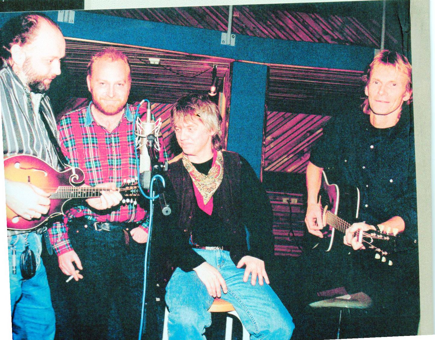 Joachim Nielsen og Trond Granlund  i studio sammen i 1995, med Nils Halleland (t.v) og Trond Ingebretsen (t.h.)