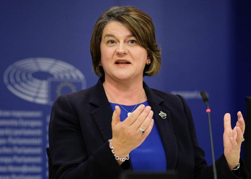 Leader of Northern Ireland's Democratic Unionist Party Arlene Foster gives a press conference after a meeting with the European Chief Negotiator of the Task Force for the Preparation and Conduct of the Negotiations with the United Kingdom under Article 50, in Brussels, Belgium 09 October 2018. (Photo by OLIVIER HOSLET / POOL / AFP)