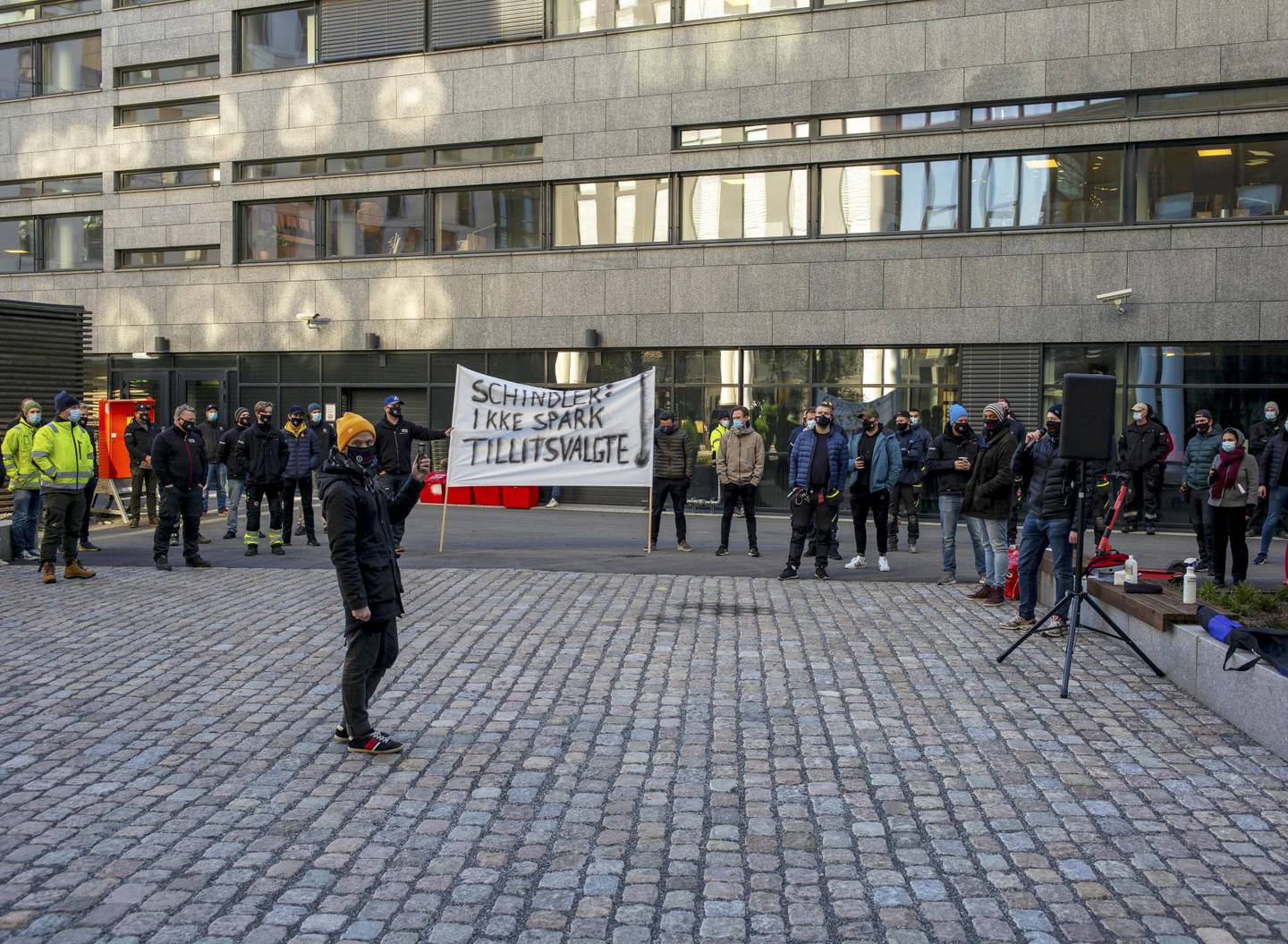Heismontørenes fagforening markerte utenfor kontor­­lokalene til Schindler på Hasle i Oslo.