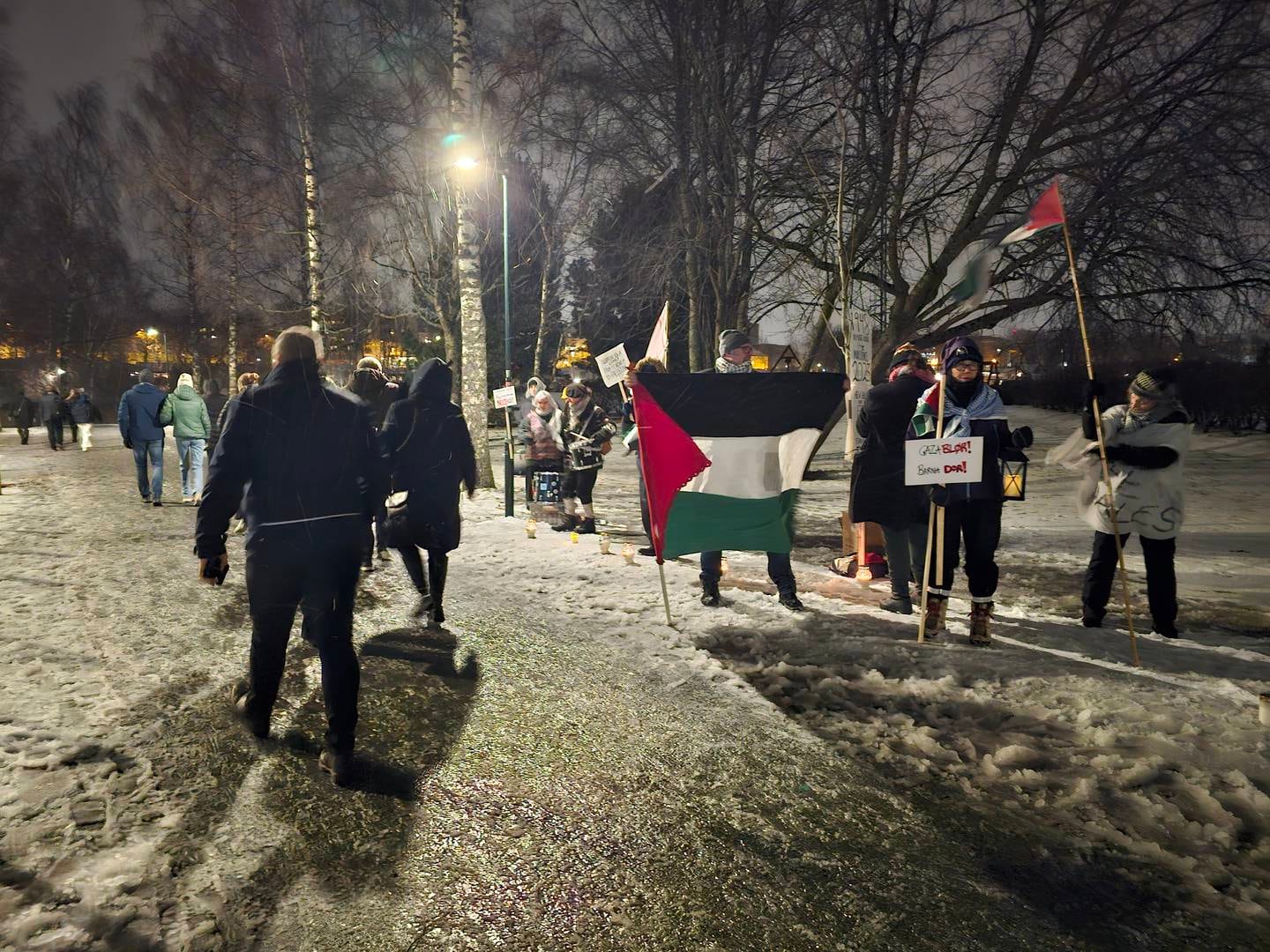 I forkant av finalen var det en demonstrasjonenutenfor Trondheim spektrum. Foto: Joakim Halvorsen / NTB