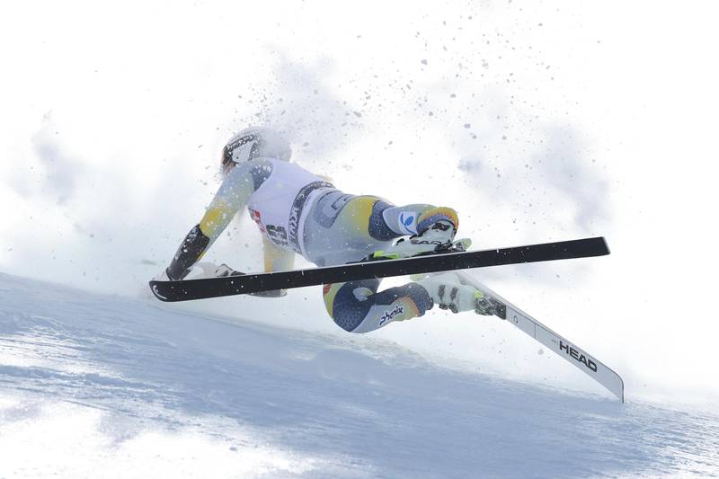 Norway's Kajsa Vickhoff Lie falls during an alpine ski, women's World Cup super G, in Val di Fassa, Italy, Sunday, Feb. 28, 2021. (AP Photo/Alessandro Trovati)