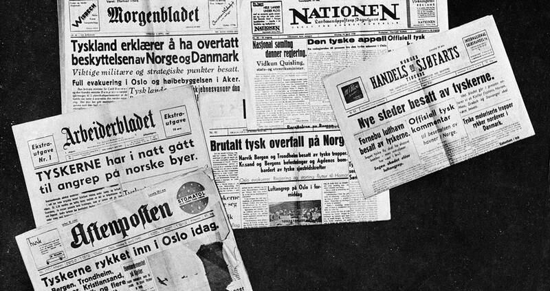 Norske avisforsider etter tyskernes invasjon av landet. FOTO: NTB SCANPIX