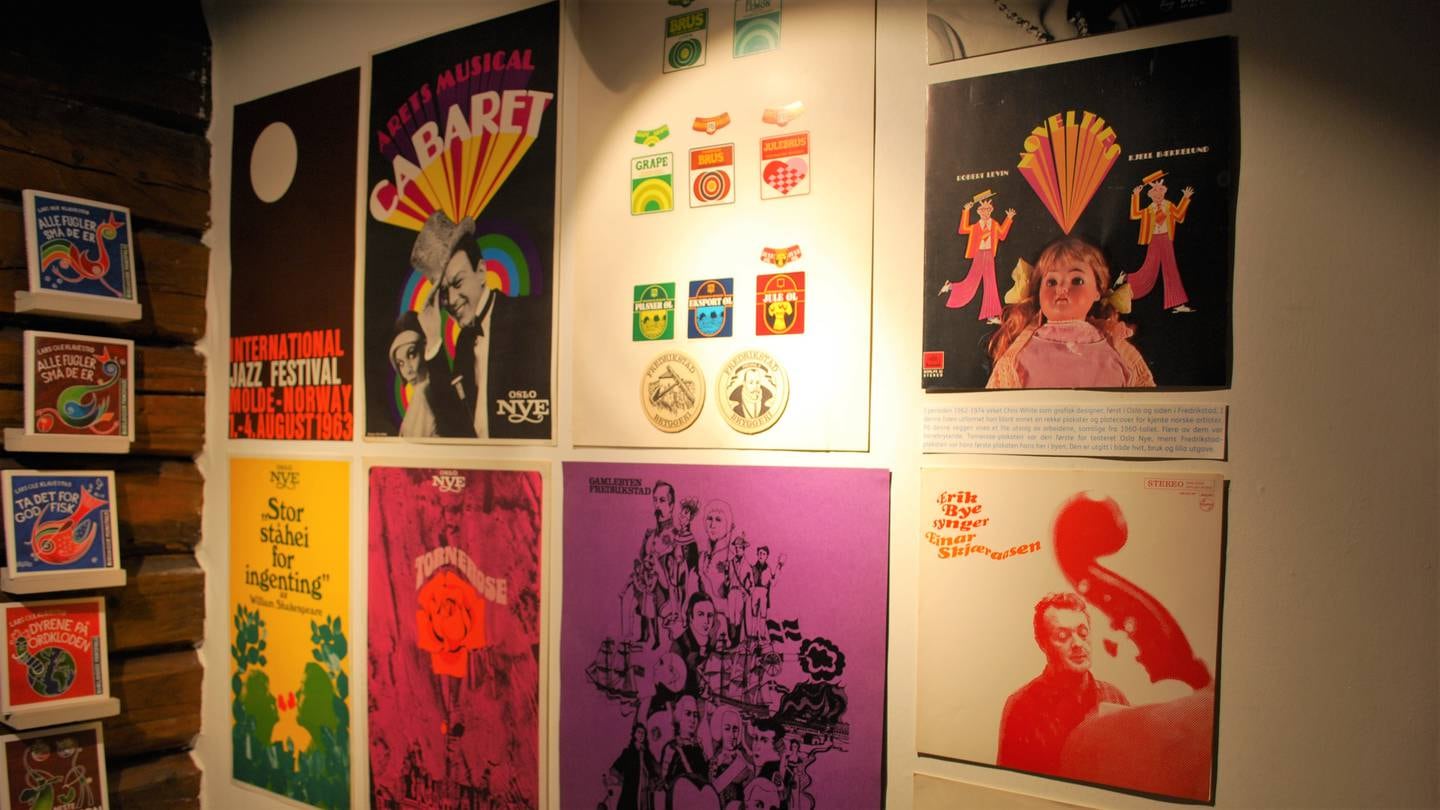Plakater og plateomslag av kunstner Chris White, fra da han jobbet som grafisk designer på 1960-tallet.