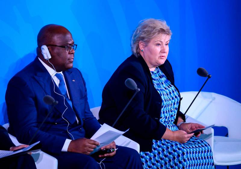 Norway's Prime Minister, Erna Solberg (R) speaks next to Democratic Republic of Congo President, Felix Antoine Tshilombo Tshisekedi during the UN Climate Action Summit on September 23, 2019 at the United Nations Headquaters in New York City. (Photo by Johannes EISELE / AFP)