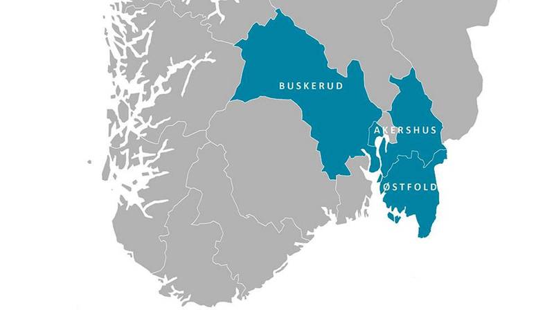 Kartet viser det nye «superfylket» Viken, bestående av dagens Akershus med 614.000 innbyggere, Buskerud med 282.000 innbyggere og Østfold med 295.000 innbyggere. Oslo ligger som en liten øy midt i fylket. – Ingen ser på dette som en naturlig region. Det er bare å se på kartet, så ser du at det er merkelig, sier professor Bjarne Jensen.