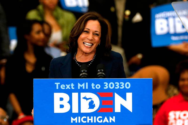(FILES) In this file photo taken on March 9, 2020, California Senator Kamala Harris endorses Democratic presidential candidate Joe Biden as she speaks to supporters during a campaign rally in Detroit, Michigan on March 9, 2020. - Biden picked Harris as his running mate for the 2020 presidential election, according to a twitter announcement by Biden on August 11, 2020. (Photo by JEFF KOWALSKY / AFP)