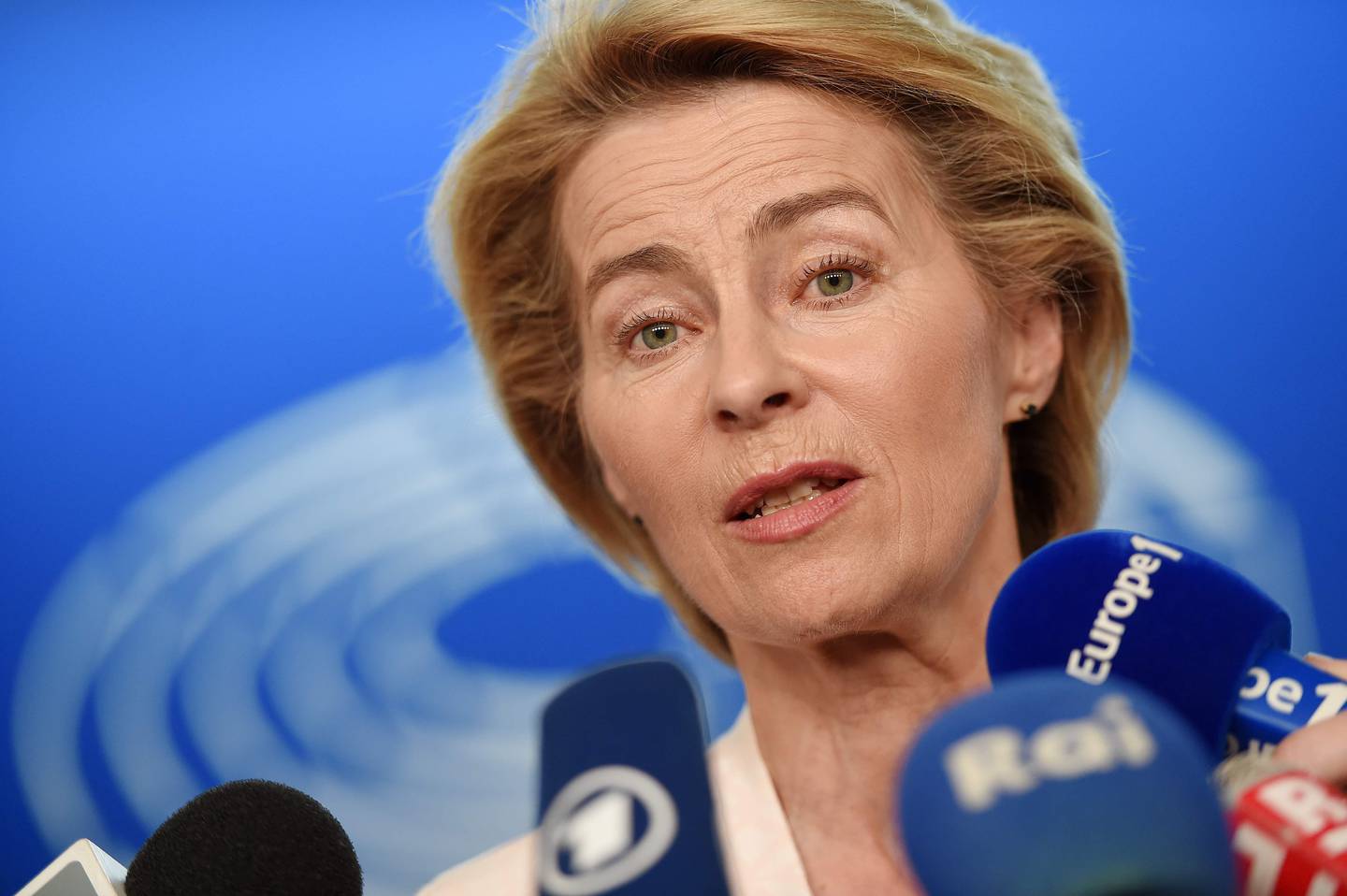 German Defence Minister Ursula von der Leyen speaks to journalists during the first plenary session of the newly elected European Assembly at the European Parliament on July 03, 2019 in Strasbourg, eastern France. (Photo by FREDERICK FLORIN / AFP)