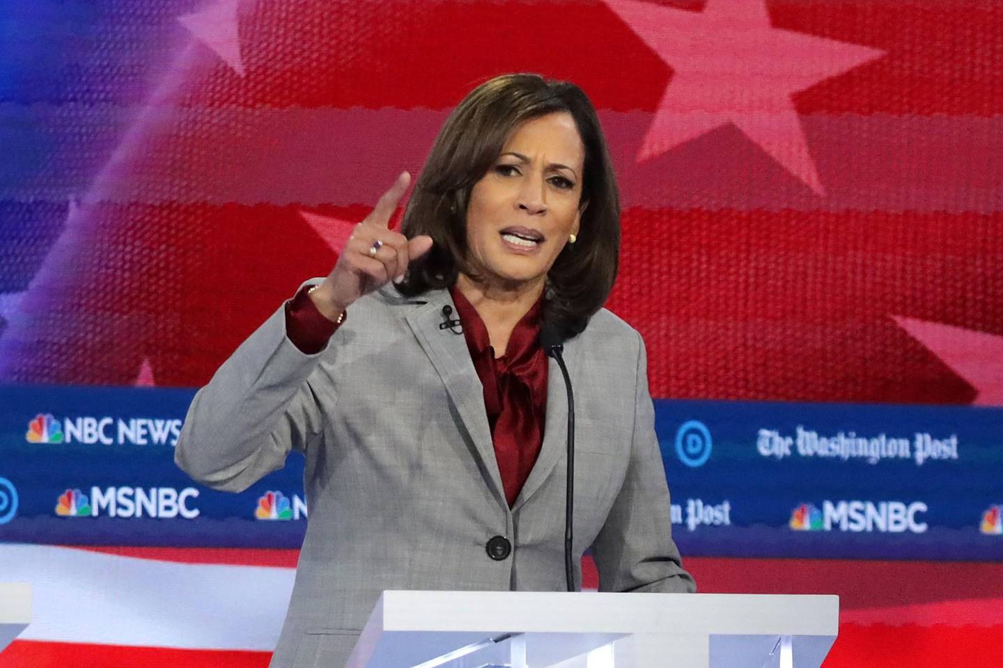 ATLANTA, GEORGIA - NOVEMBER 20: Democratic presidential candidate Sen. Kamala Harris (D-CA) speaks during the Democratic Presidential Debate at Tyler Perry Studios November 20, 2019 in Atlanta, Georgia. Ten Democratic presidential hopefuls were chosen from the larger field of candidates to participate in the debate hosted by MSNBC and The Washington Post.   Alex Wong/Getty Images/AFP
== FOR NEWSPAPERS, INTERNET, TELCOS & TELEVISION USE ONLY ==