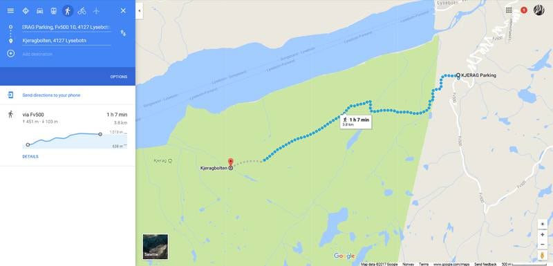 Én time og syv minutter tar turen fra Kjerag parkering til Kjeragbolten, opplyser Google Maps når de beregner tid i gåavstand.Vanligvis tar turen over dobbelt så lang tid.