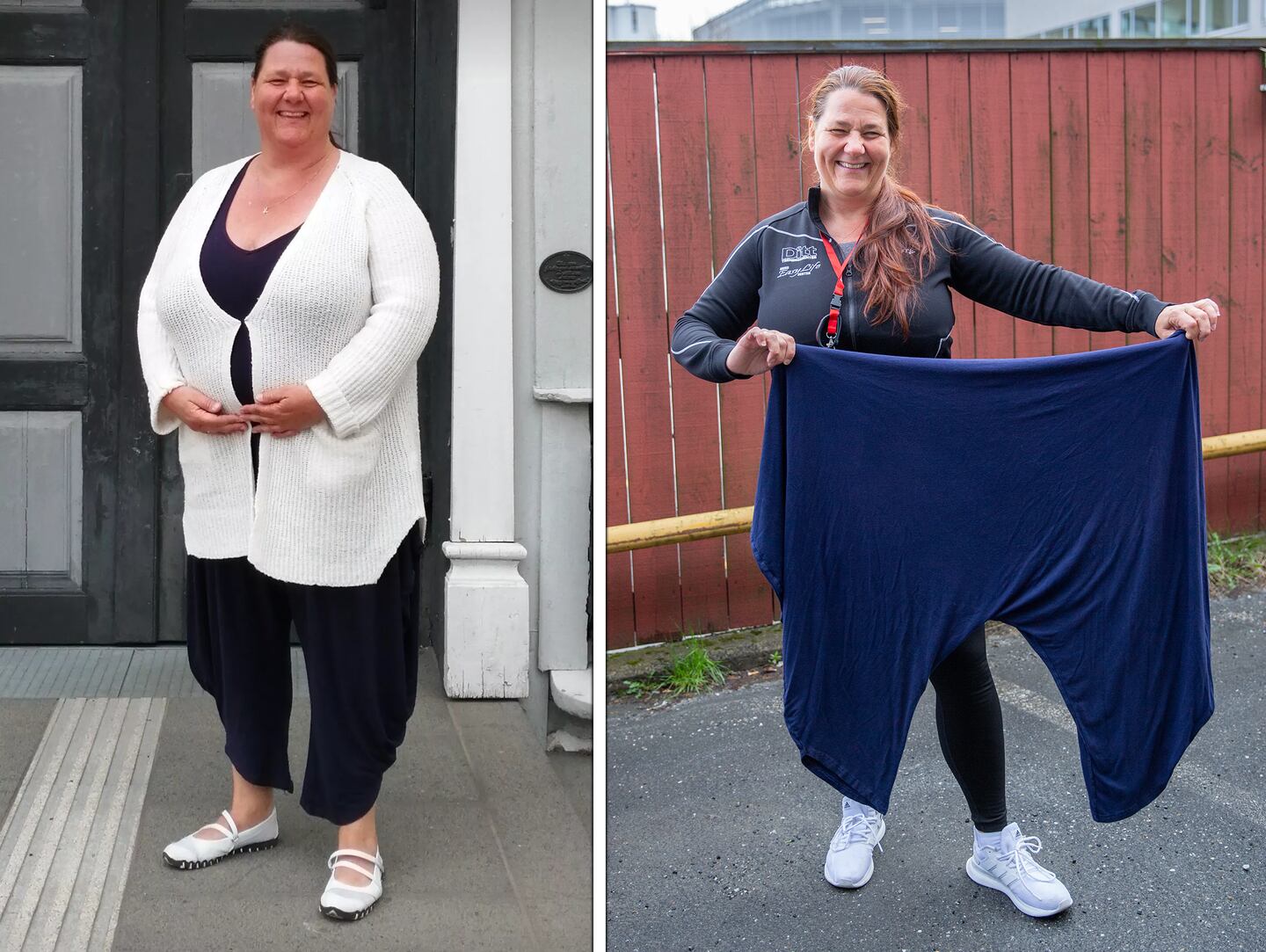 Nina Olsen fra Rygge gikk ned 57 kilo på litt over ett år. Buksen hun holder er den samme hun hadde på seg på bildet til venstre.