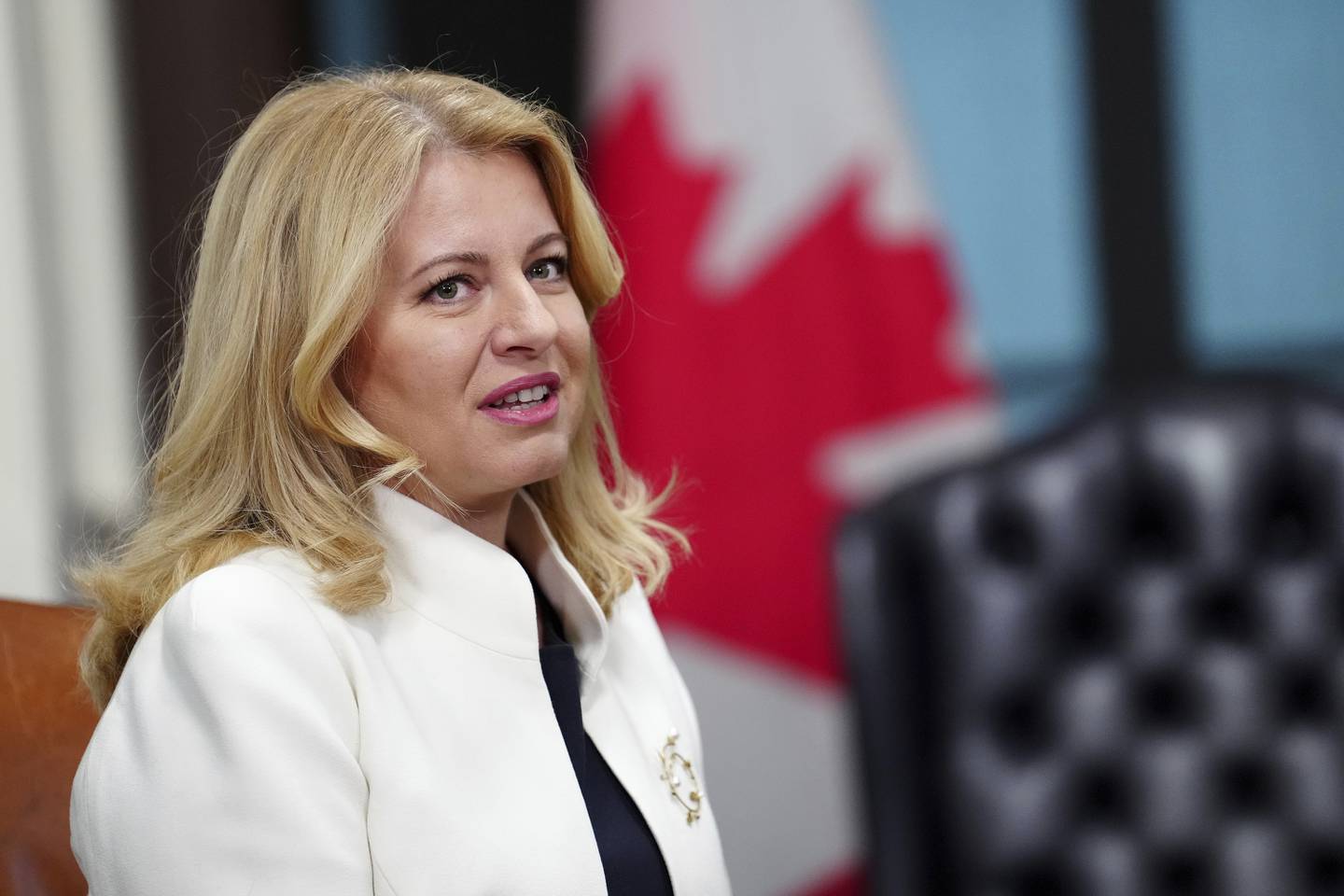 Zuzana Caputova, President of the Slovak Republic, speaks with Canadian Prime Minister Justin Trudeau, not shown, in his office on Parliament Hill in Ottawa, Ontario, on Tuesday, Jan. 30, 2024. (Sean Kilpatrick/The Canadian Press via AP)