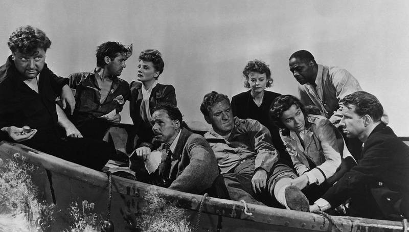 I 1944 kom thrilleren «Liv­båten», regissert av ingen ringere enn Alfred Hitchcock og med manus av John Steinbeck. Fra venstre: Walter Slezak, John Hodiak, Tallulah Bankhead, Henry Hull, William Bendix, Heather Angel, Mary Anderson, Canada Lee og Hume Cronyn. Foto: AP
