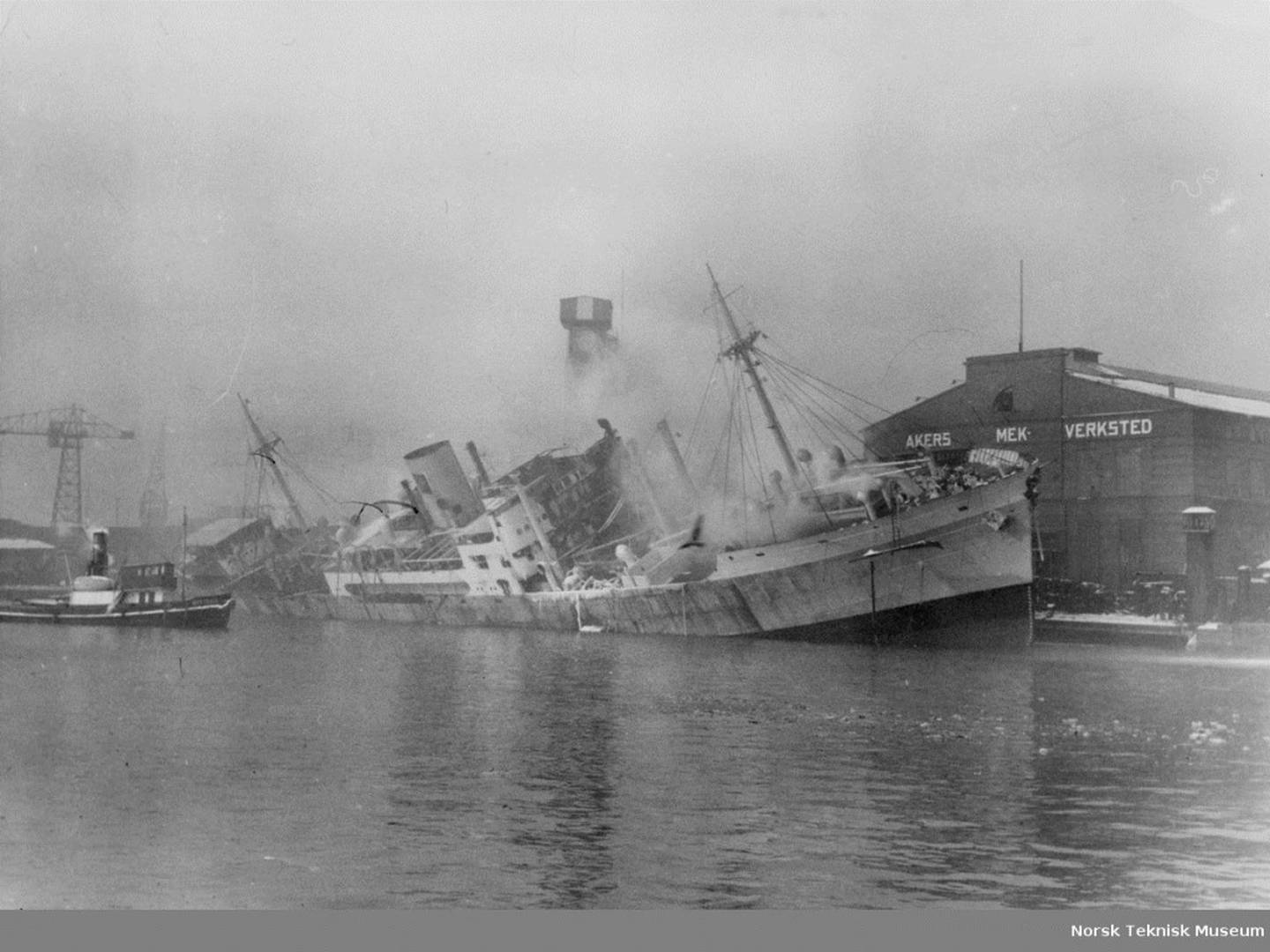 23. november 1944 ble seks tyske skip, blant dem krigsskipet Bolivar, senket ved Aker brygge. FOTO: TEKNISK MUSEUM