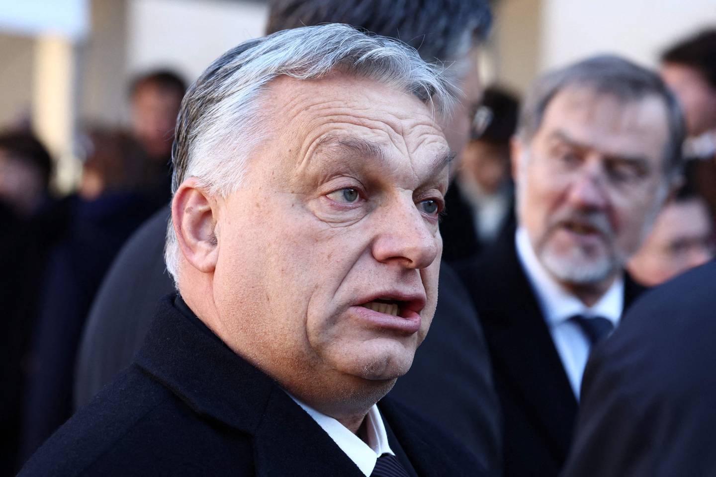 Hungary's Prime Minister Viktor Orban attends a national tribute ceremony for late French minister and European Union Commission president Jacques Delors at the Hotel des Invalides in Paris, on January 5, 2024. Delors, a key figure in the creation of the euro, died on December 27, 2023 aged 98. (Photo by STEPHANIE LECOCQ / POOL / AFP)