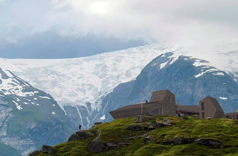Snøhettas vinnerforslag til DNT-hytta Tungestølen ved Jostedalsbreen. Hyttetunet åpnes trolig i 2018.