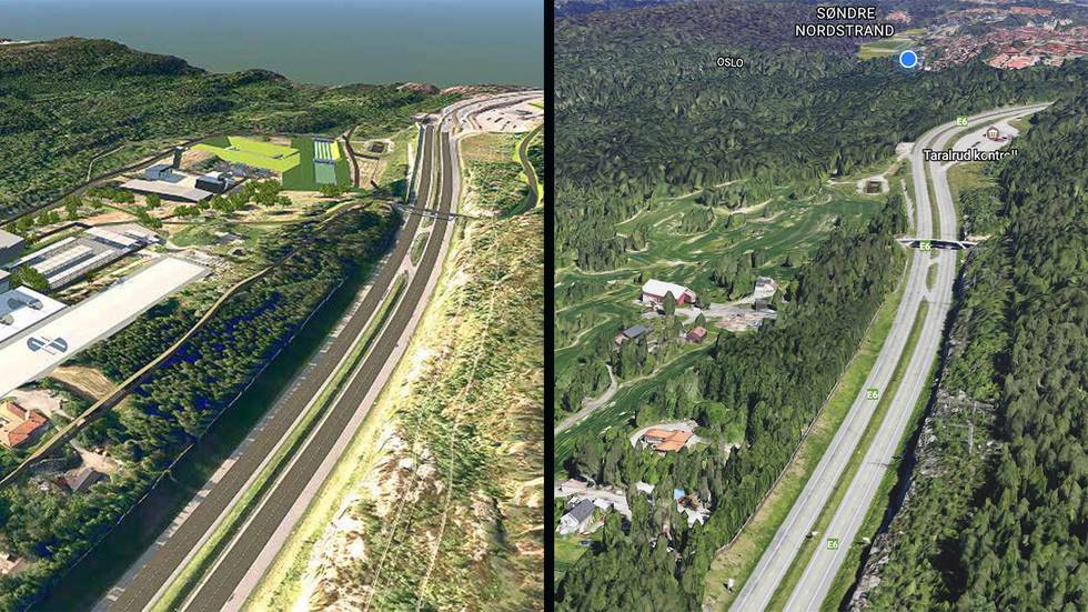Bildet til venstre, utarbeidet Nordic Office of Architecture og COWI, er fra Justis- og beredskapssdepartementets illustrasjonshefte til høringsnotatet om beredskapssenteret på Taraldrud. Det til høyre er beboerkampanjens, hentet fra Google Earth.